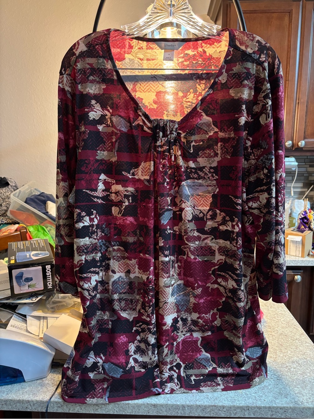 CJ Banks Floral Plaid V-Neck Top in Burgundy and Cream